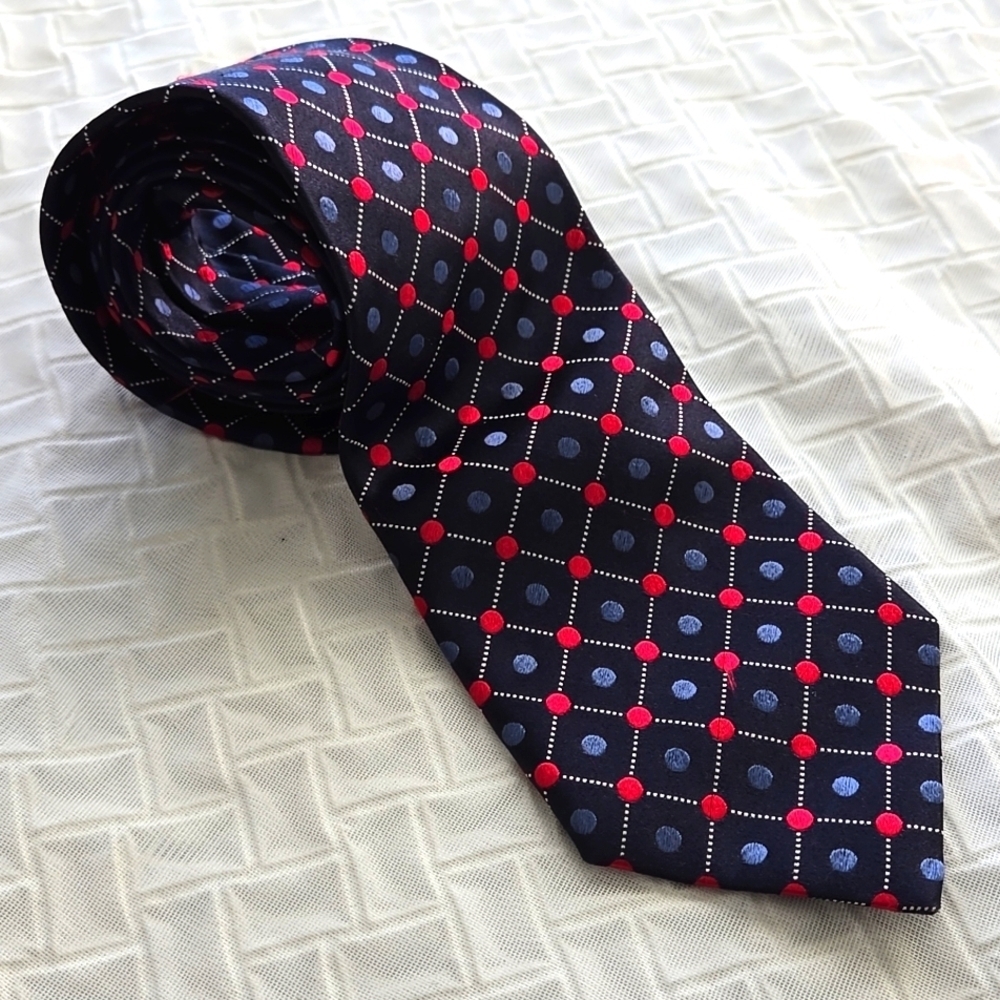 Ermenegildo Zegna Navy Geometric Silk Tie with Red and Light Blue Dots